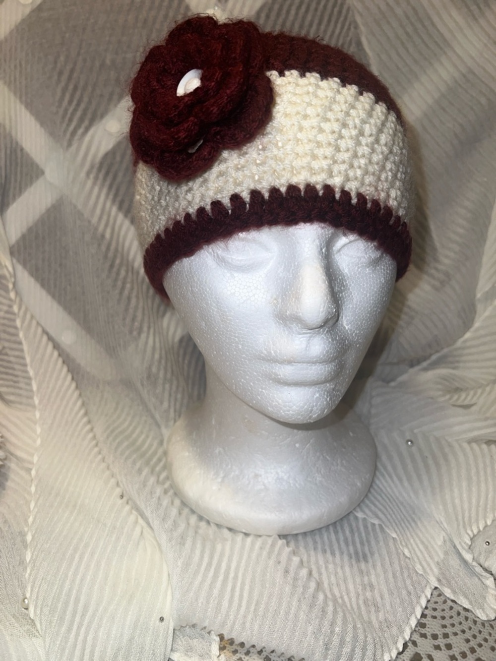 Handmade Cream and Burgundy Crochet Flower Beanie